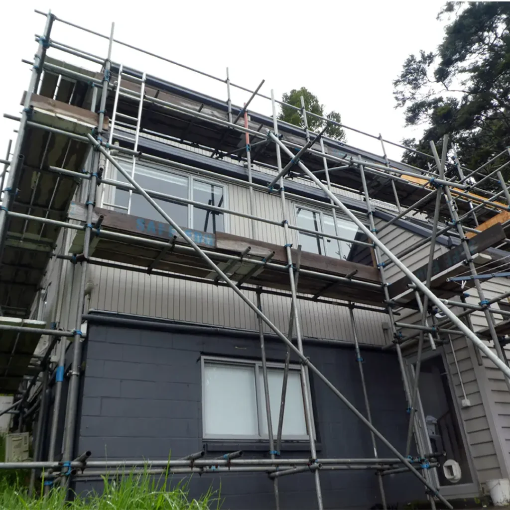 The image depicts a building with scaffolding surrounding it, against a backdrop of a grey sky and some plants. This scene was captured before any exterior painting work was done on the building.