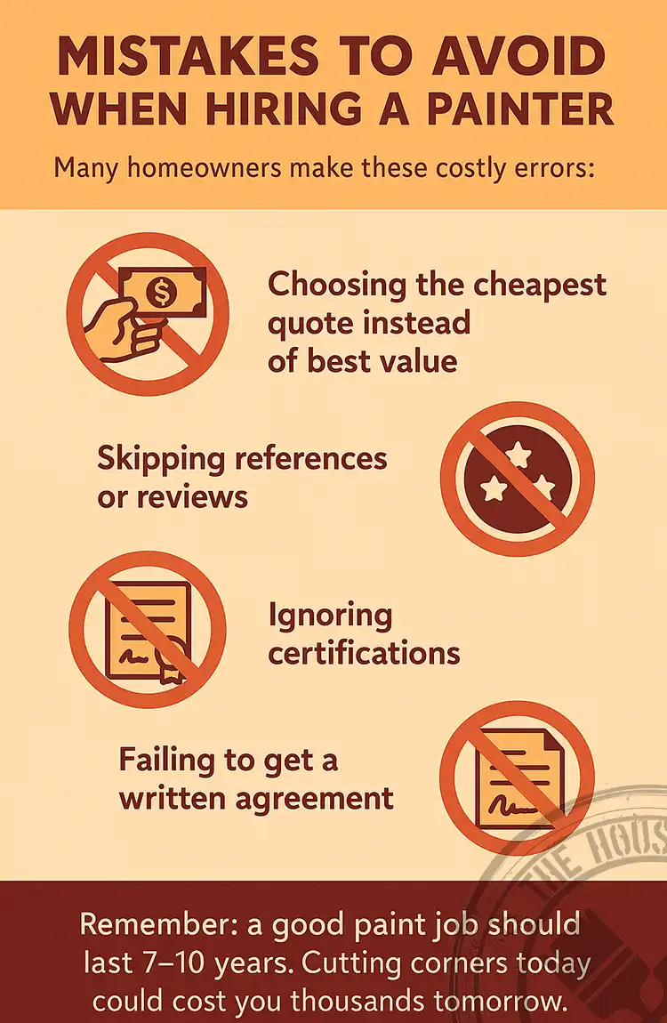 Visual guide showing 7 steps and mistakes to avoid when hiring a house painter in North Shore, Auckland.